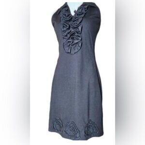 Samuel Dong Black Ruffle Dress with Floral embroidery at the bottom, siz…